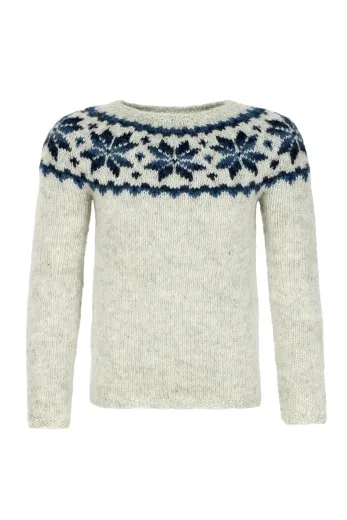 Damen Islandpullover Handgestrickt - hellgrau / blau