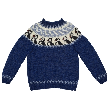 Handgestrickter Islandpullover - Papageientaucher - dunkelblau