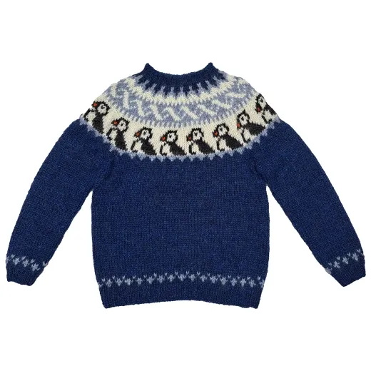 Handgestrickter Islandpullover - Papageientaucher - dunkelblau