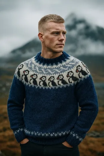 Handgestrickter Islandpullover - Papageientaucher - dunkelblau