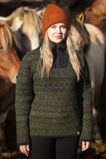 Isländischer Herren & Damen Wollpullover - grün / schwarz