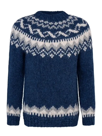 Kurzer handgestrickter Islandpullover ISF008F - Blau - A= 64cm, B= 48cm, C= 42cm
