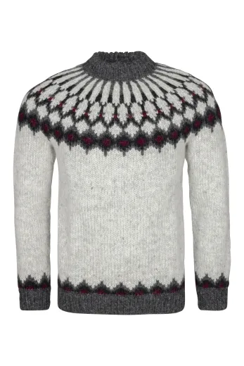 Damen Islandpullover - handgestrickt - Lopapeysa hellgrau kombi