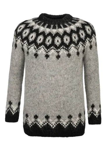 Handgestrickter Damen Islandpullover HSI-230 - hellgrau / schwarz