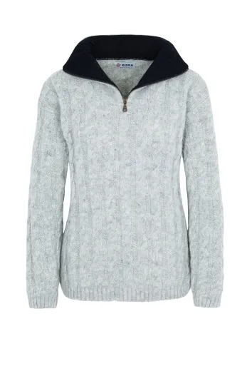 Wollpullover 045 Troyer mit Zopfmuster - hellgrau