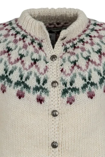 Damen Strickjacke mit Blumenmuster - Handgestrickt - weiß