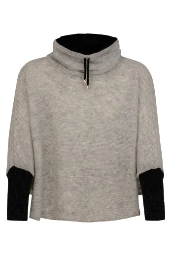 Kurz-Poncho mit Kragen - hellgrau / schwarz