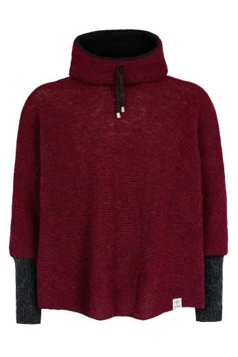 Kurz-Poncho mit Kragen - bordeaux mit schwarzen Armstulpen