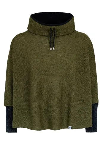 Kurz-Poncho mit Kragen - grün mit schwarzen Armstulpen