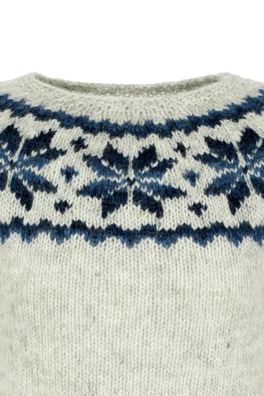 Damen Islandpullover Handgestrickt - hellgrau / blau