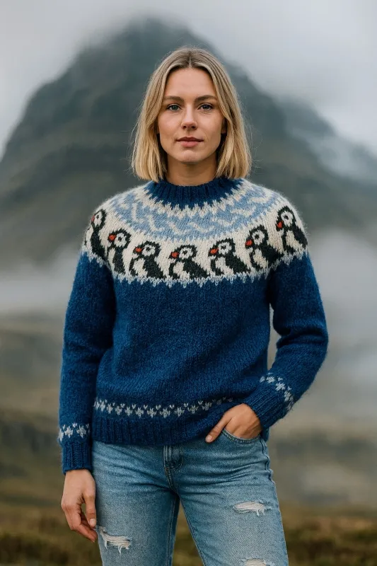 Handgestrickter Islandpullover - Papageientaucher - dunkelblau