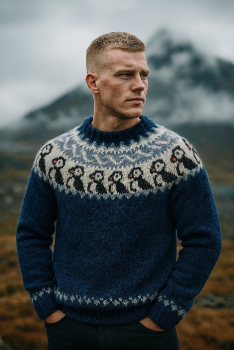 Handgestrickter Islandpullover - Papageientaucher - dunkelblau