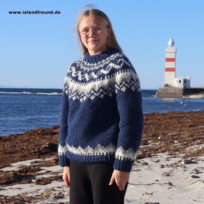Kurzer handgestrickter Islandpullover ISF008G - Blau - A= 70cm, B= 60cm, C= 46cm