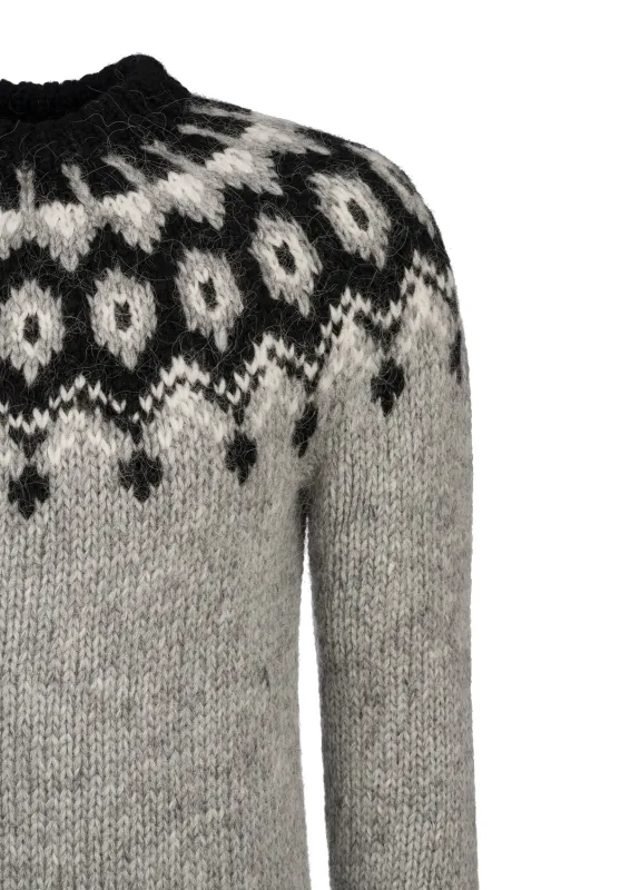 Handgestrickter Damen Islandpullover HSI-230 - hellgrau / schwarz