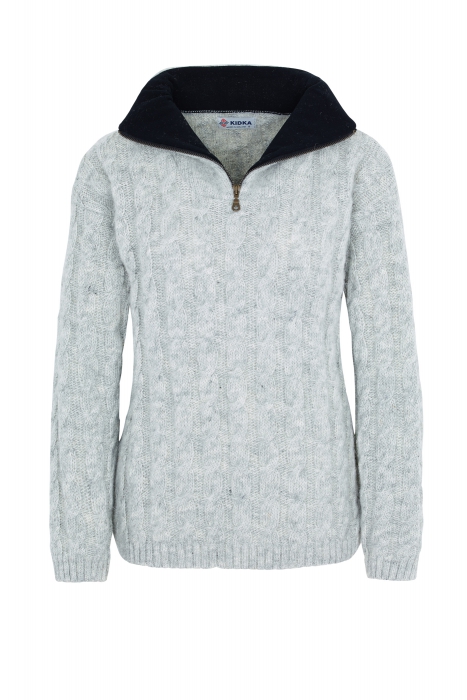 Wollpullover 045 Troyer mit Zopfmuster - hellgrau