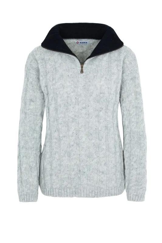 Wollpullover 045 Troyer mit Zopfmuster - hellgrau