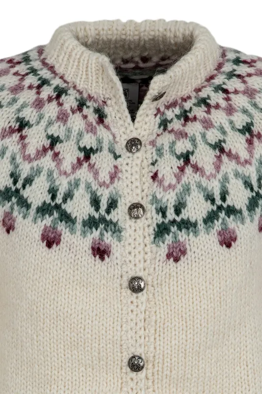 Damen Strickjacke mit Blumenmuster - Handgestrickt - weiß