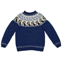 Handgestrickter Islandpullover - Papageientaucher - dunkelblau