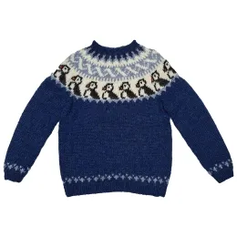 Handgestrickter Islandpullover - Papageientaucher - dunkelblau