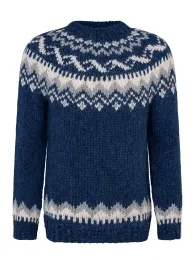 Kurzer handgestrickter Islandpullover ISF008E - Blau - A= 66cm, B= 58cm, C= 46cm
