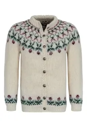 Damen Strickjacke mit Blumenmuster - Handgestrickt - weiß